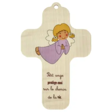 Printed wooden wall cross, 13 x 9 cm - Girl angel + prayer "Petit ange..."