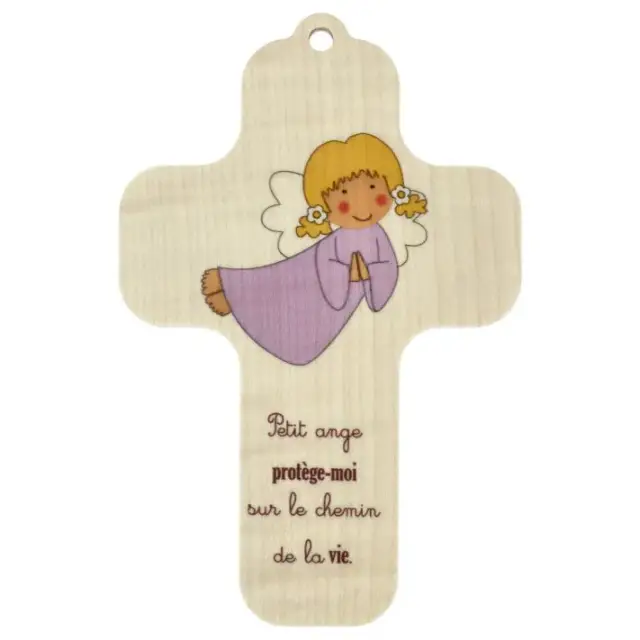 Printed wooden wall cross, 13 x 9 cm - Girl angel + prayer "Petit ange..."