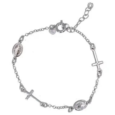 Bracelet en argent rhodié avec croix et médaille Miraculeuse