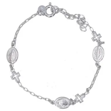 Bracelet en argent rhodié avec croix et médaille Miraculeuse