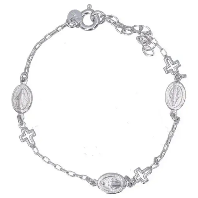 Bracelet en argent rhodié avec croix et médaille Miraculeuse