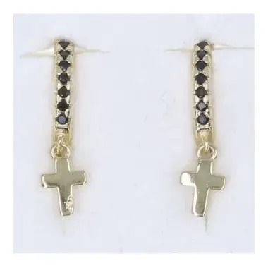 Boucles d'oreilles en plaqué or anneau avec croix et zircons noirs