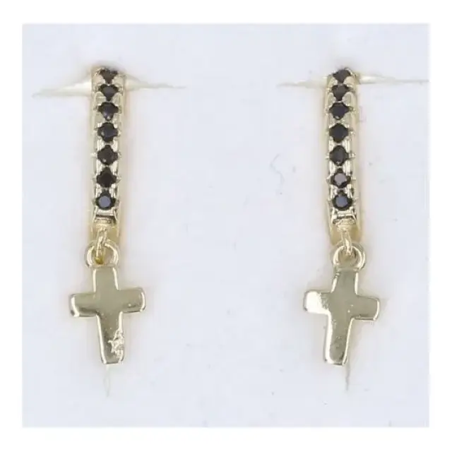 Boucles d'oreilles en plaqué or anneau avec croix et zircons noirs