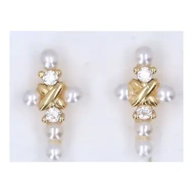 Boucles d'oreilles en plaqué or avec croix en perles synthétiques et zircons