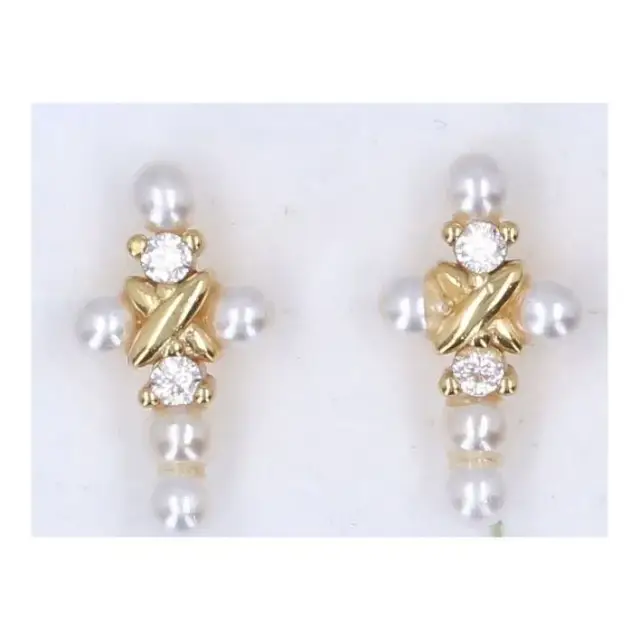 Boucles d'oreilles en plaqué or avec croix en perles synthétiques et zircons