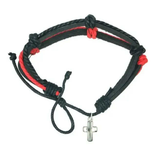 Armband op koord Leder rood / zwart + kruijse metaal