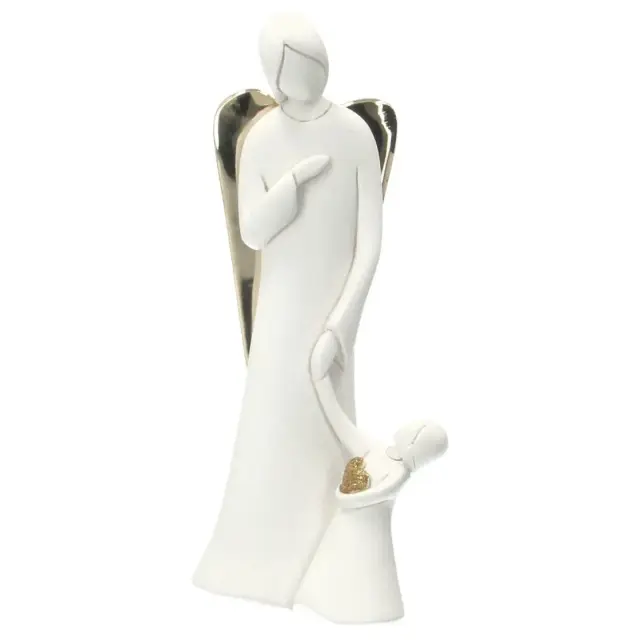 Guardian angel figurine with child – white and gold, 16 cm