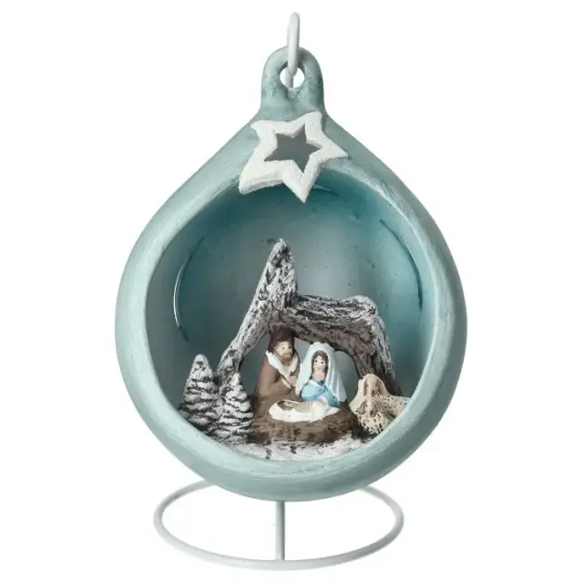 Christmas nativity in a blue-tinted ceramic christmasball + light 18cm