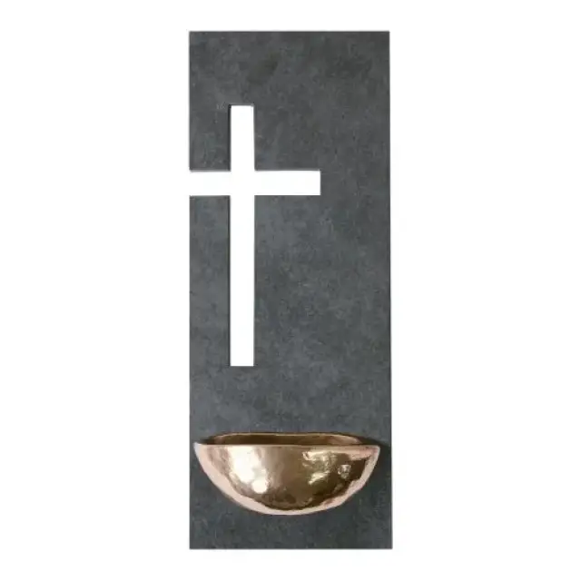 Wijwatervat 9 X 23 cm - Leisteen / brons - Kruis
