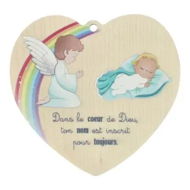 Coeur en bois imprimé 12 x 10 cm - Ange gardien-bleu