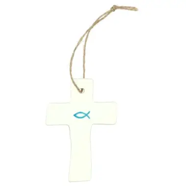 White ceramic cross with azure blue Ichthys – 9.5 x 6.5 cm