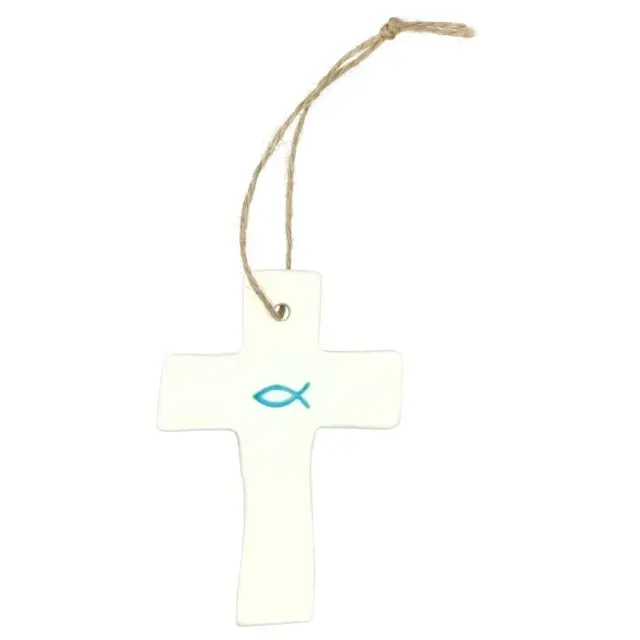 White ceramic cross with azure blue Ichthys – 9.5 x 6.5 cm