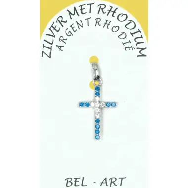Croix en argent rhodié avec zirconium bleu 17 x 10 mm