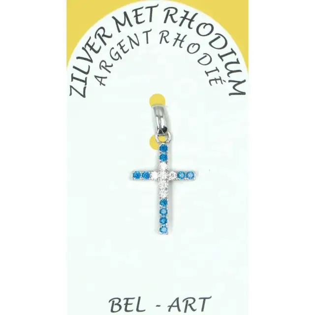 Croix en argent rhodié avec zirconium bleu 17 x 10 mm