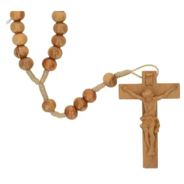 Chapelet sur corde en bois d’olivier – crucifix sculpté
