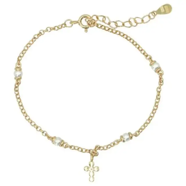 Bracelet en plaqué or avec croix avec zircon et perles