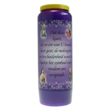 9 days candle / purple / violet perfume / Texttext in Dutch "nederigheid"