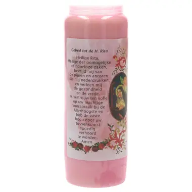 9 days candle / pink / pink perfume / St Rita prayertext in Dutch
