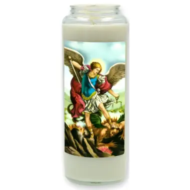 Noveenkaars in glas / wit / Heilige Michael