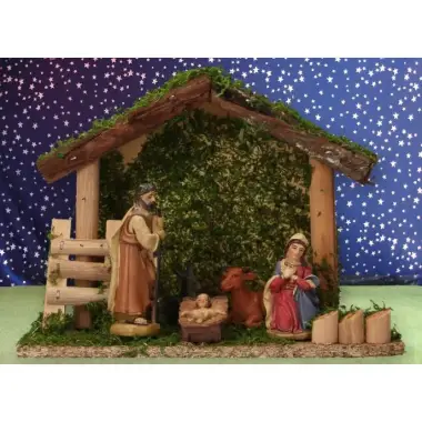 Kerstset : stal (23 x 10 x 17.5 cm) met 5 figuren 9 cm