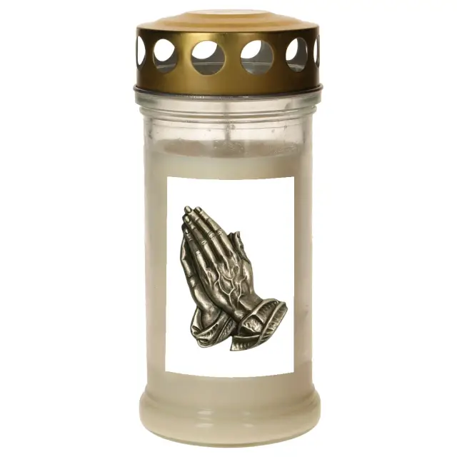 Candle in glass with golden metal lid - white - Praying hands - 10 pieces per box