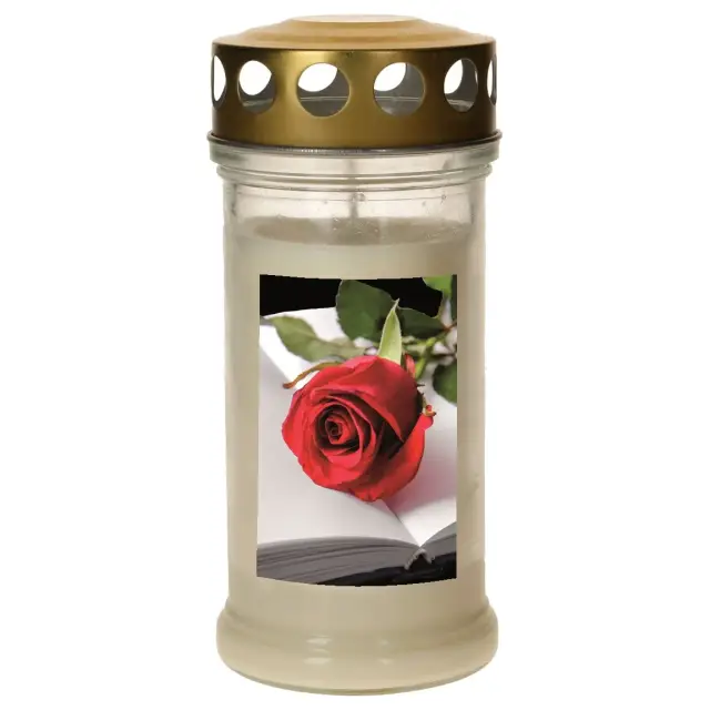 Candle in glass with golden metal lid - white - Open book with rose - 10 pieces per box