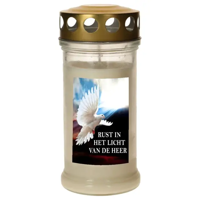 Candle in glass with golden metal lid - Dove with Dutch text - 10 pieces per box