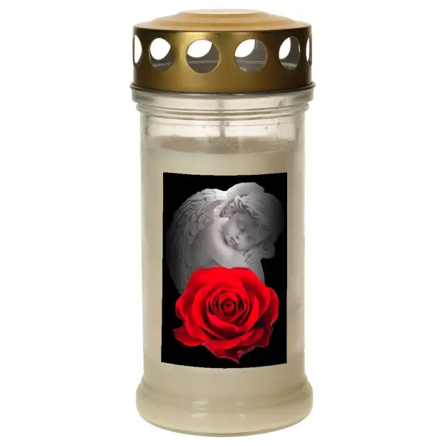 Veilleuse de cimetière en verre avec couvercle doré - Blanc - Ange avec rose - 10 pièces / carton