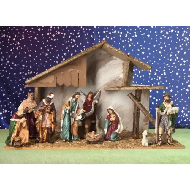 Crèche de Noël : cabane + 11 personnages de 15 cm (50x26x31cm)