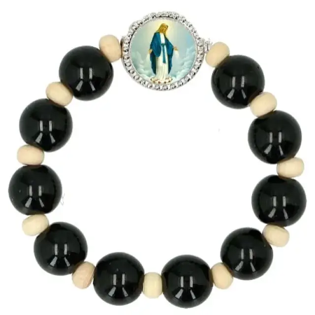 Dizainier sur élastique bois noir et beige avec image de N.D. de la Médaille Miraculeuse.