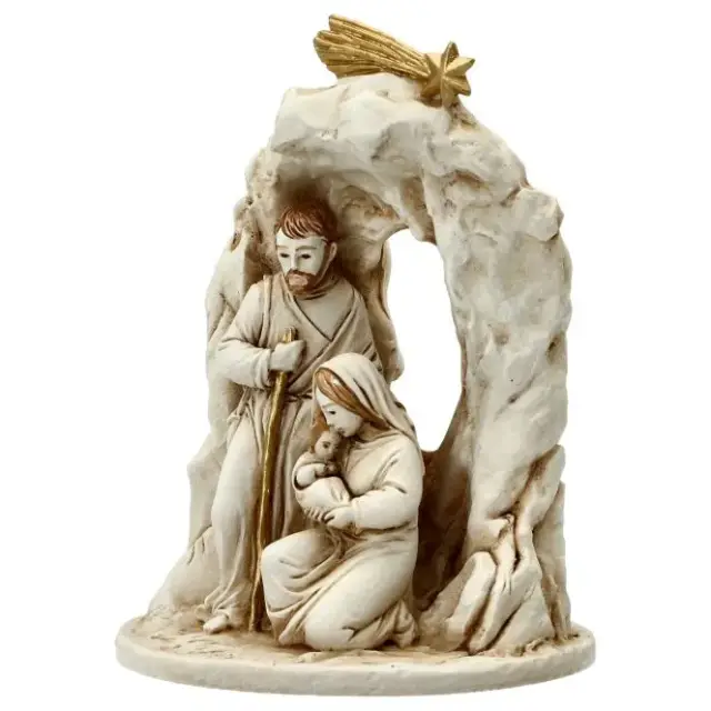 Nativité / grotte en albâtre H 12 cm décor or
