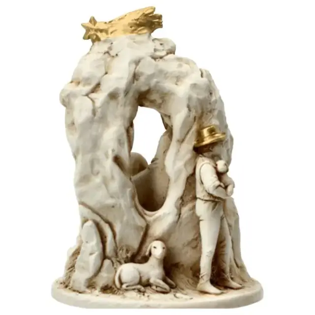 Nativité / grotte en albâtre H 12 cm décor or