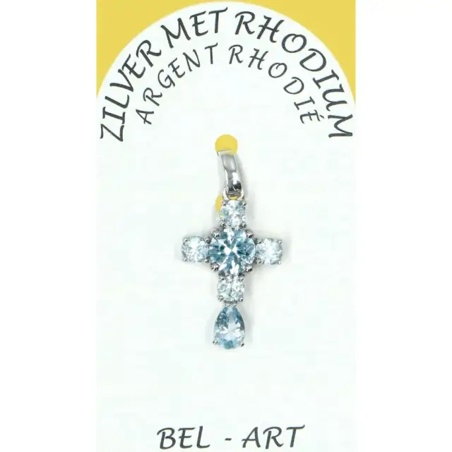 Croix en argent rhodié avec zirconium bleu 20 x 12 mm