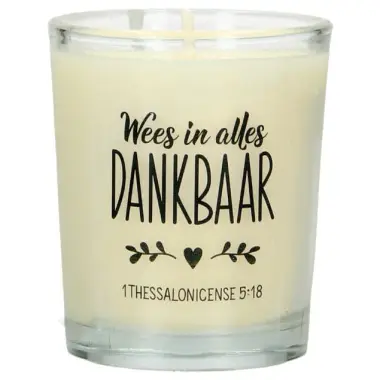 Kaarsje in glas 65 x 50 Wees in alles dankbaar