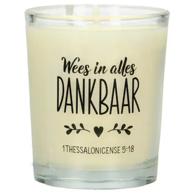 Kaarsje in glas 65 x 50 Wees in alles dankbaar