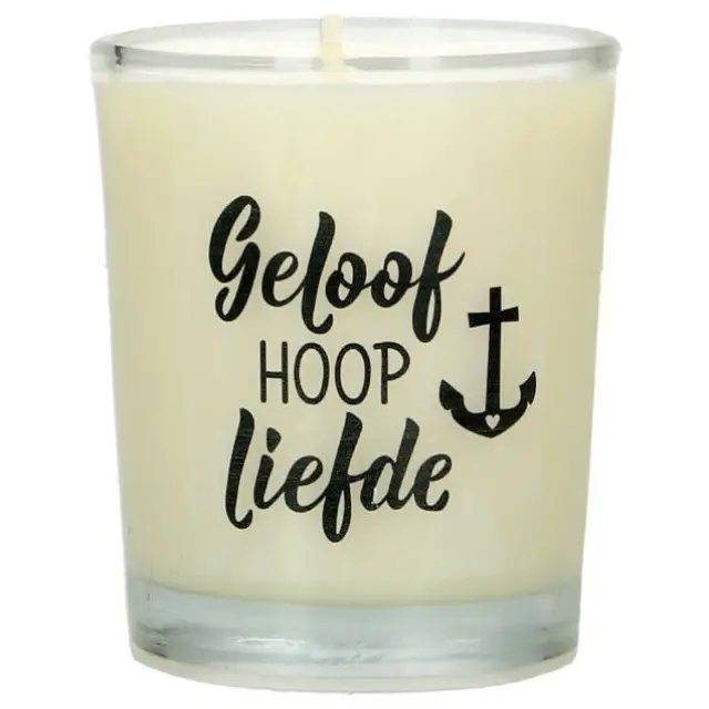 Kaarsje in glas 65 x 50 mm Geloof Hoop Liefde
