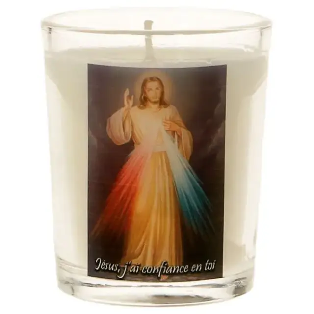 Bougie en verre 65 x 50 mm Christ Miséricordieux + texte français