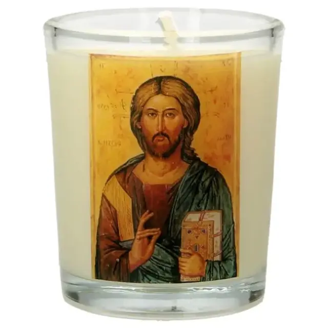 Kaarsje in glas 65 x 50 mm Pantocrator ikoon