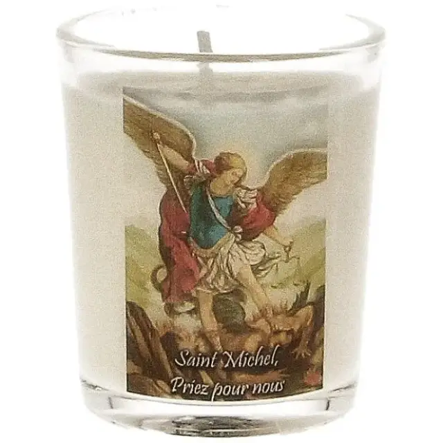 Bougie en verre 65 x 50 mm Saint Michel + texte français