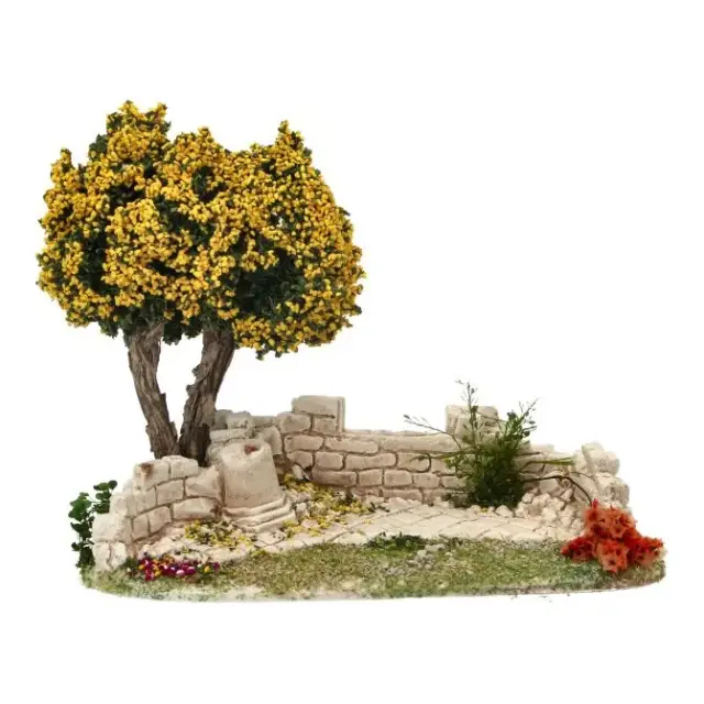 Décor pour santons de Provence Mur avec arbre mimosa 20 x 11 cm