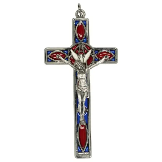 Kruisbeeld 11 cm Email Blauw-rood / Met. verzilverd