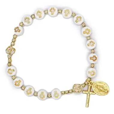 Elastic bracelet with white beads with cross and gold detailing + medallion and cross