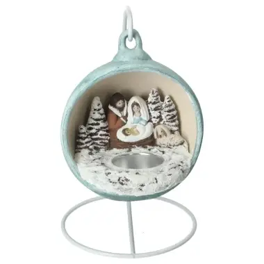 Crèche de Noël dans une boule en céramique bleue 12 cm