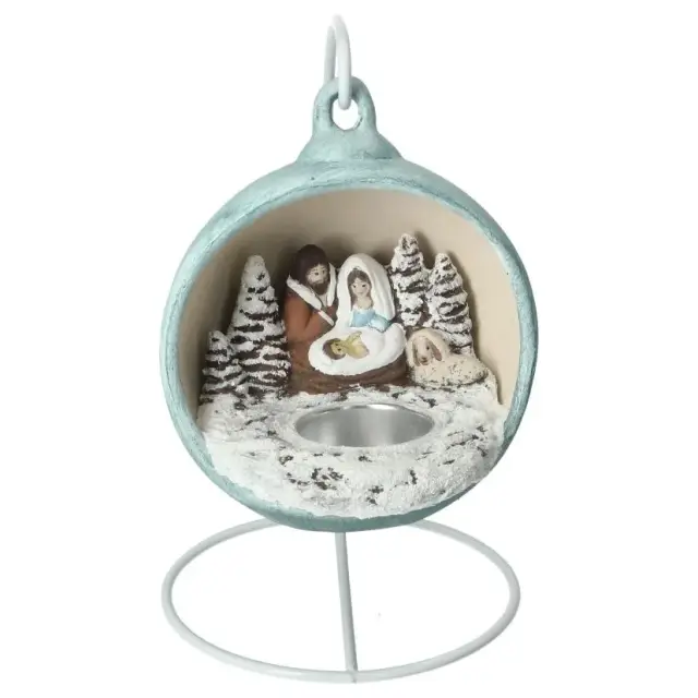 Crèche de Noël dans une boule en céramique bleue 12 cm