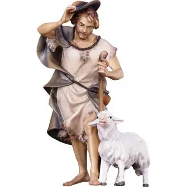 Berger au baton avec mouton : crèche de Noël en bois Ulrich 15 cm