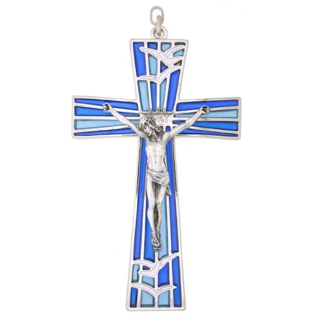 Croix Murale 12 cm Email Bleu / Mét. argenté