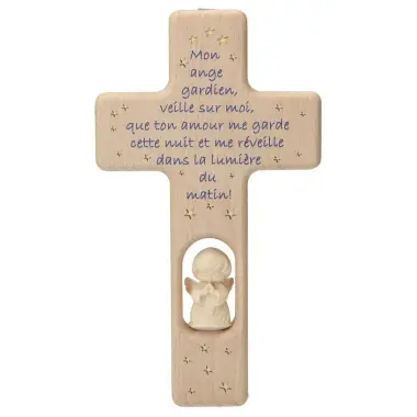 Cross carved wood for a 20 cm nativity natural My guardian angel