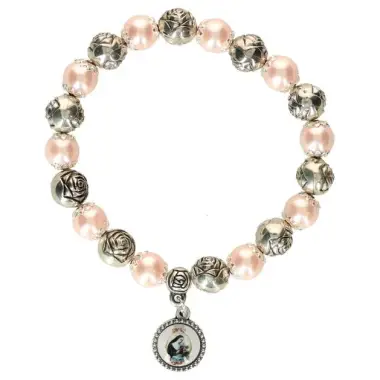 Bracelet sur élastique Perles roses + Roses argentées