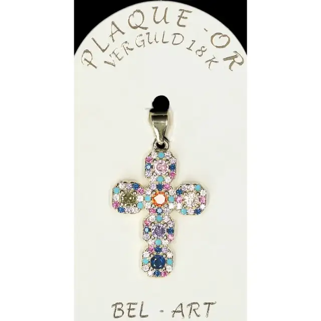 Croix plaqué or avec strass multicouleurs 24 x 15 mm
