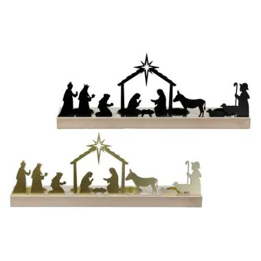 Crèche de Noël en métal noir ou doré avec base en bois